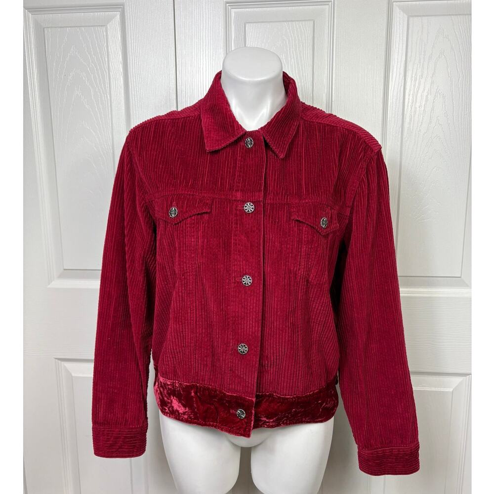 J. Jill Red Corduroy Jacket with Velvet Trim M Metal Button Closure with Pockets